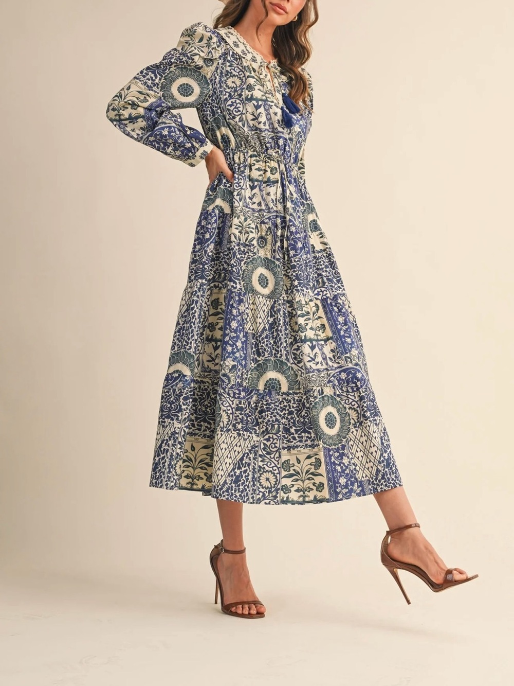 & Merci Floral Patchwork Paisley Midi Dress L Puff Sleeve Boho Size L